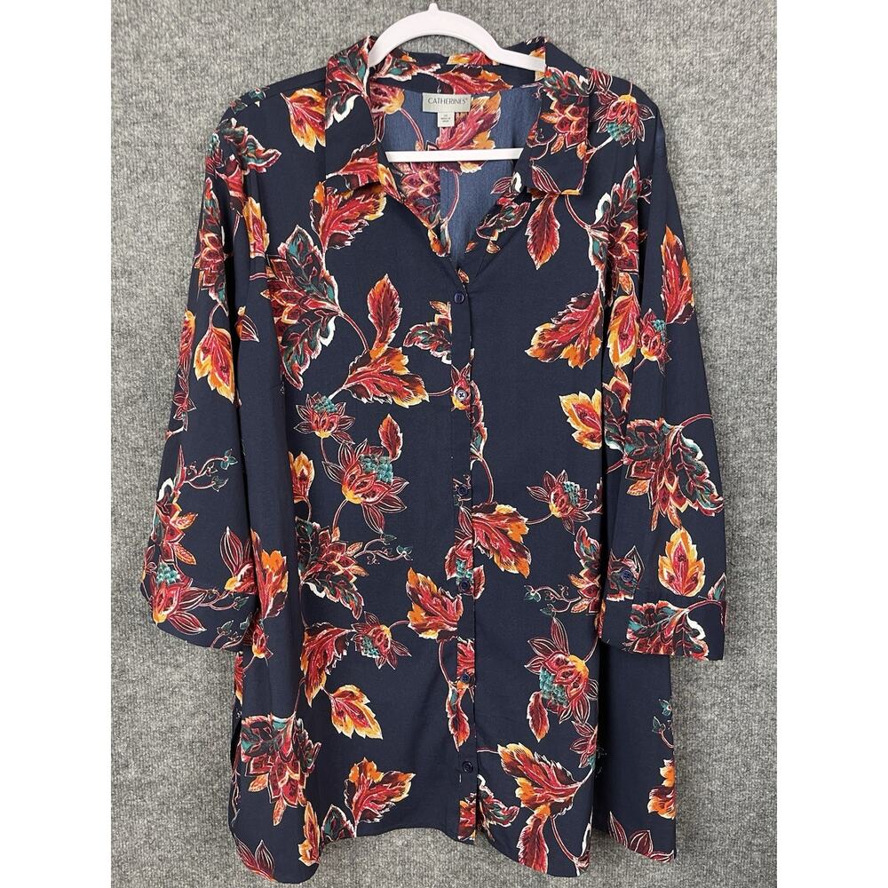 Catherines Tunic Blouse Women's 3X, 30-32W Button Up 3/4 Sleeve Flowy Shirt Top